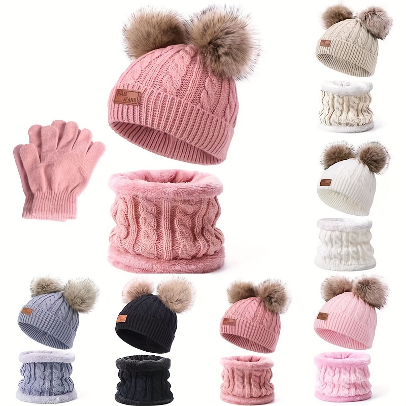 

Stay Warm This Winter - 3pcs Thermal Set, Thermal Knitted Knitted Cuff Beanie Hat With Pompom Breathable Adjustable Neck Gaiter Soft Comfortable Gloves