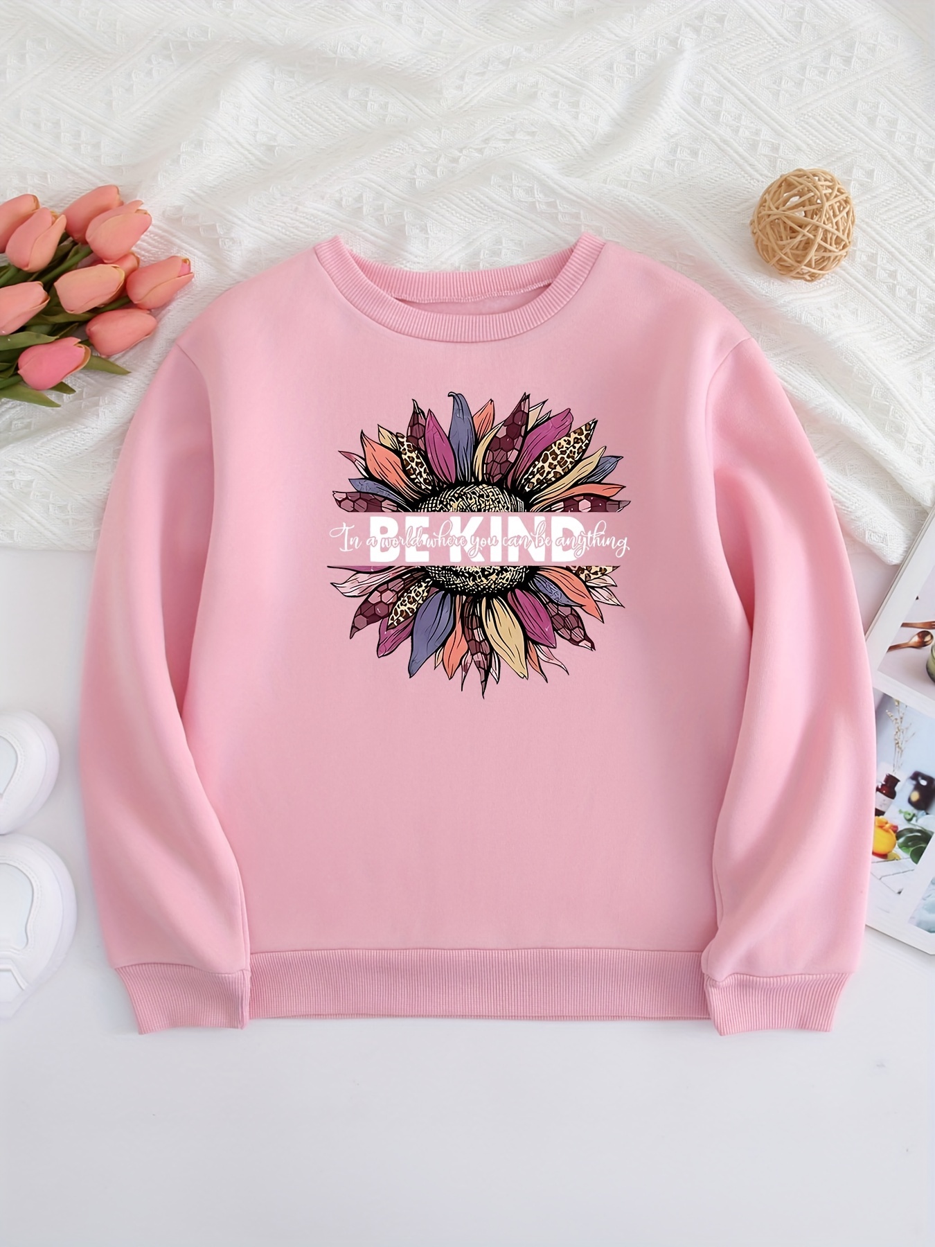be Kind'' Big Flower Print, Girls Long Sleeve Sweatshirt Pullover