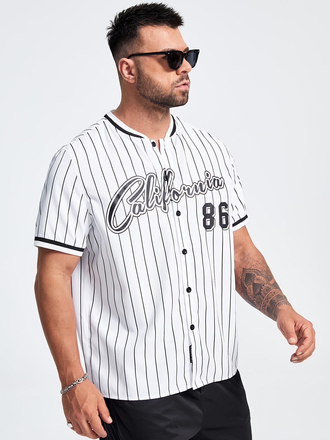Plus Size Men's Striped Short Sleeve Band Collar Jersey For Baseball,  California Graphic Print Baseball Shirt For Big & Tall Males, Men's  Clothing