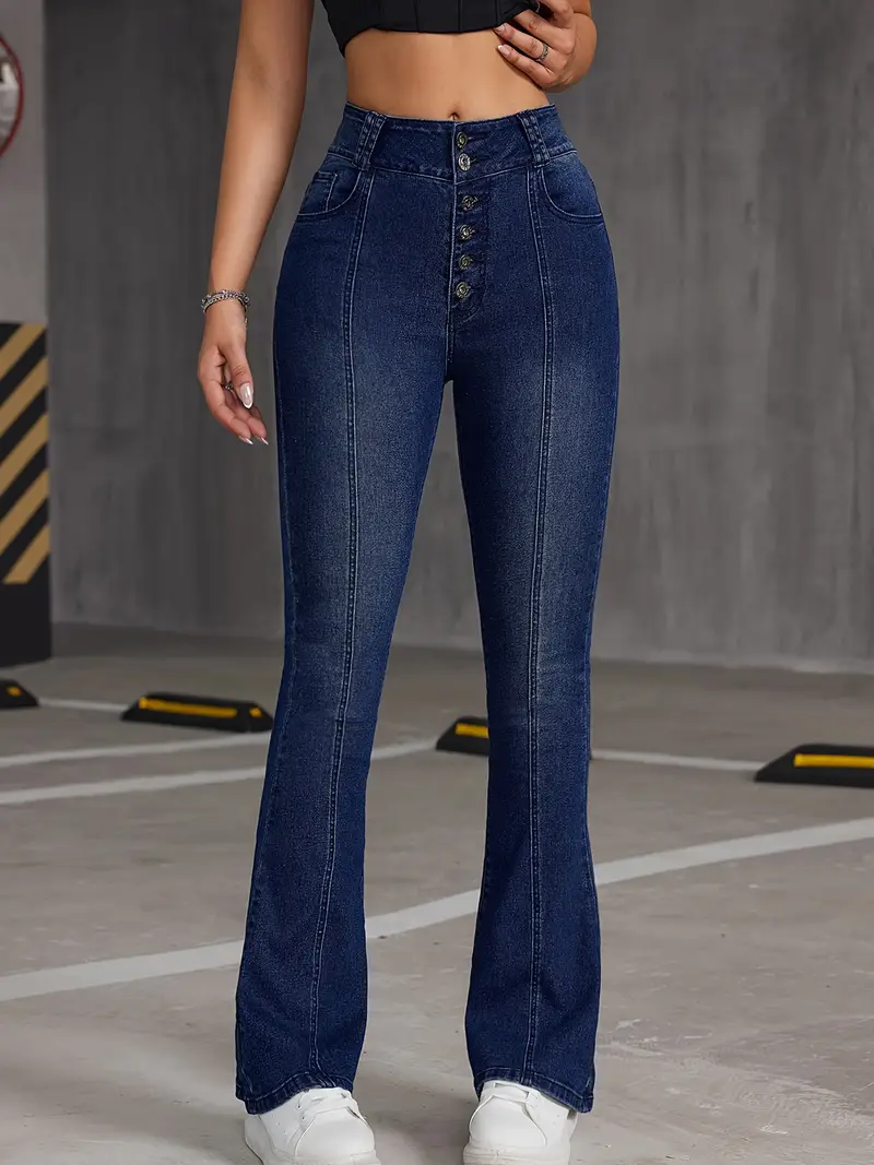 Single Breasted Button Bootcut Jeans, High Waist Slant Pockets Pintuck  Jeans, Women's Denim Jeans & Clothing