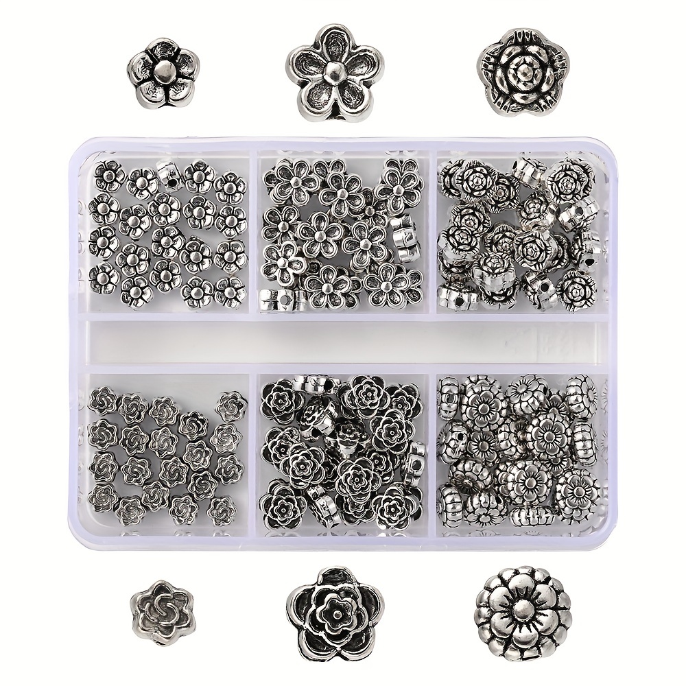

6 Grids About 120pcs/box Antique Silver Plated Charms Multi Style Alloy Beads Set For Jewelry Necklace Diy Making
