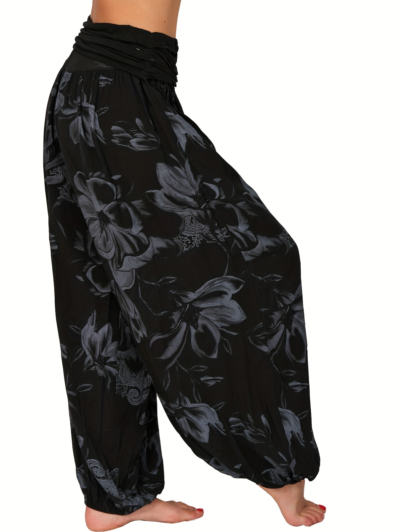 RQYYD Women's Boho Floral Printed Casual Yoga Pants Palazzo Side Split Wide  Leg Harem Flowy Trousers Black S