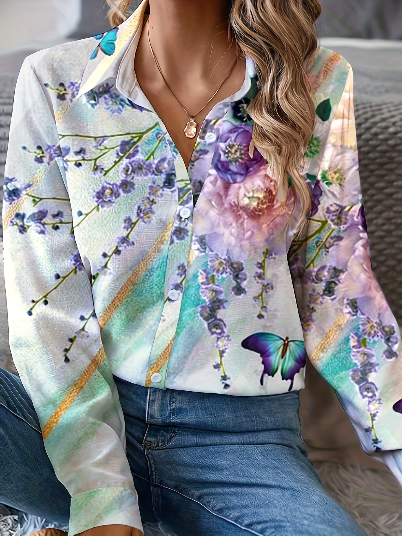 Floral Print Button Shirt Elegant Long Sleeve Lapel Shirt - Temu Australia