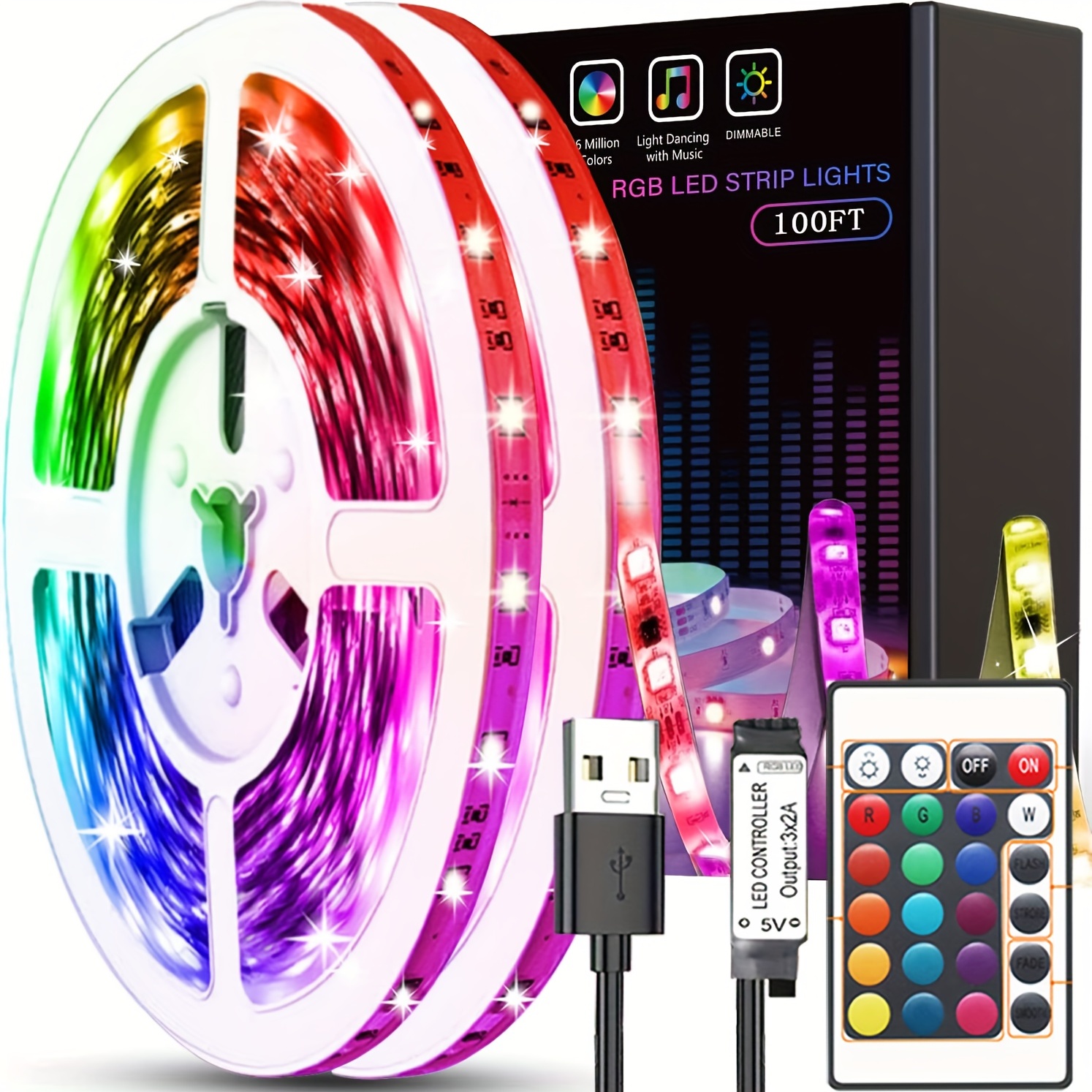 Ehomful 50ft/15m LED Lights strip RGB 5050 with Color Changing and