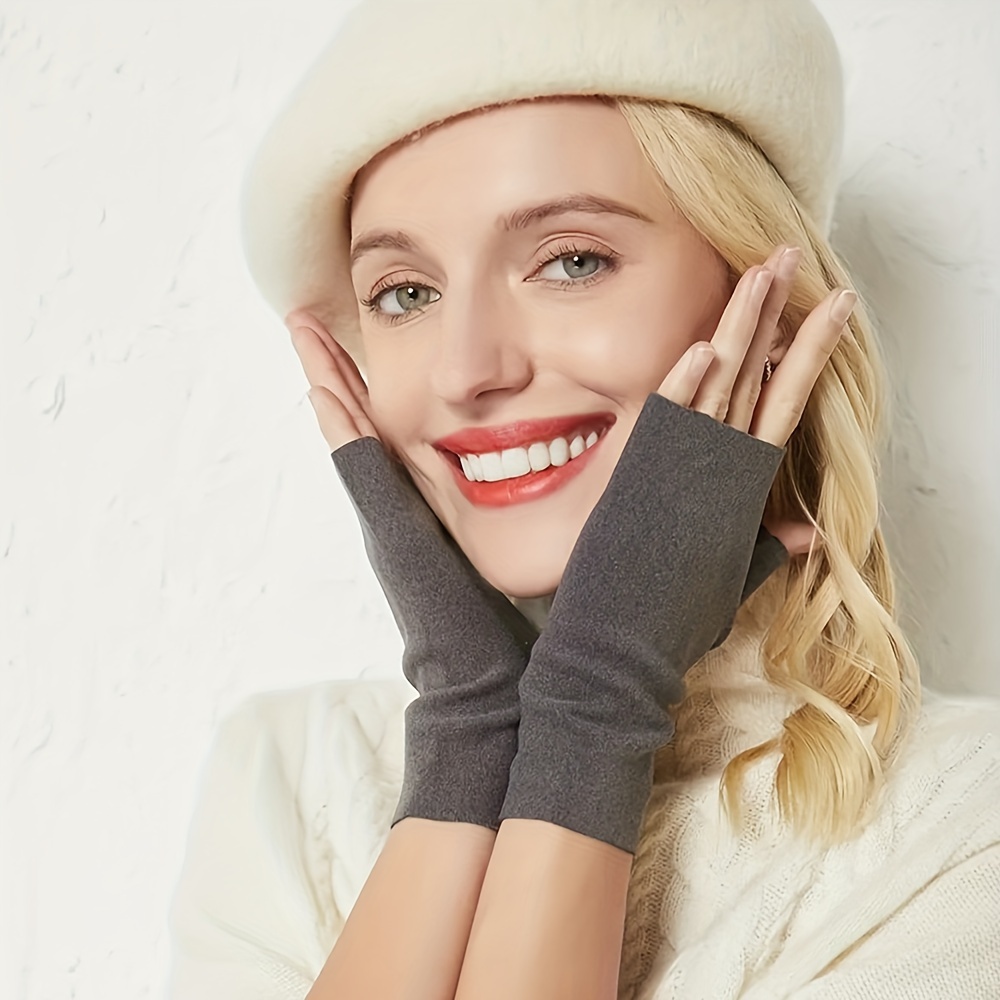 Solid Color Thin Fingerless Gloves Elegant Women's Solid Color Self-heating Gloves Winter Warm Decorative Gloves,Temu