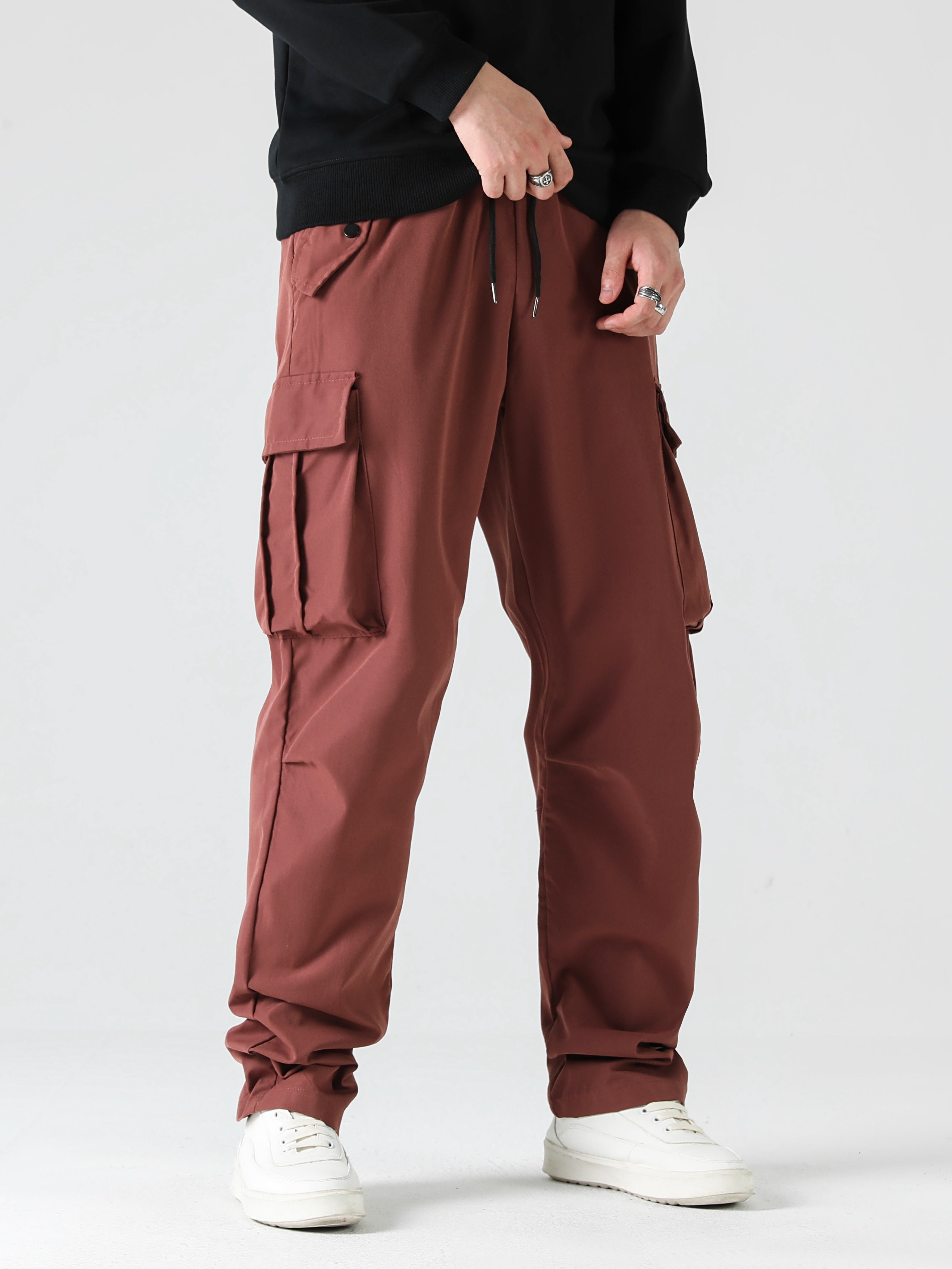 Men's Solid Cargo Pants with Multiple Pockets | Outdoor Fitness Trousers
