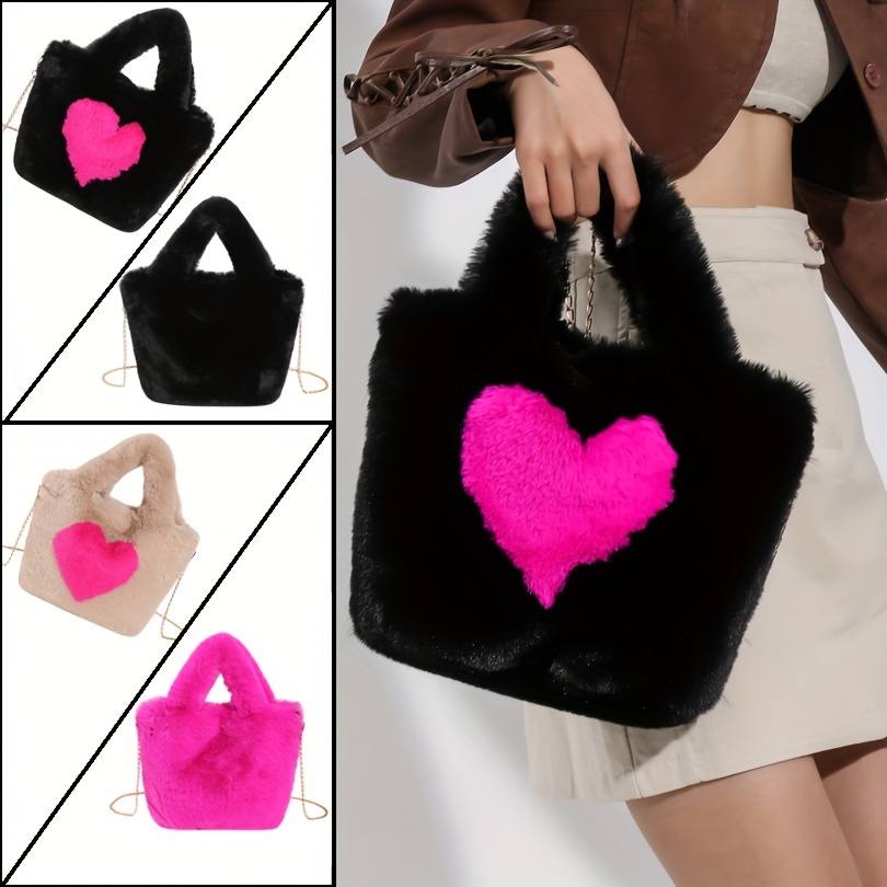 Heart Pattern Plush Tote Bag Aesthetic Chain Crossbody Bag - Temu