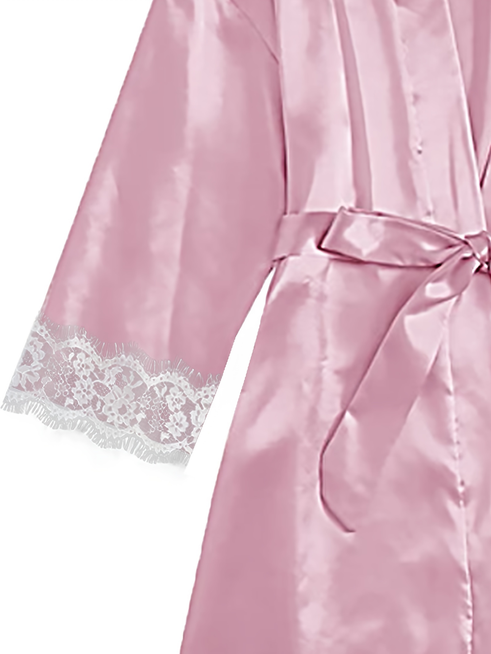 Lace Trim Solid Satin Pajamas Set, Long Sleeve Short Robe + V Neck