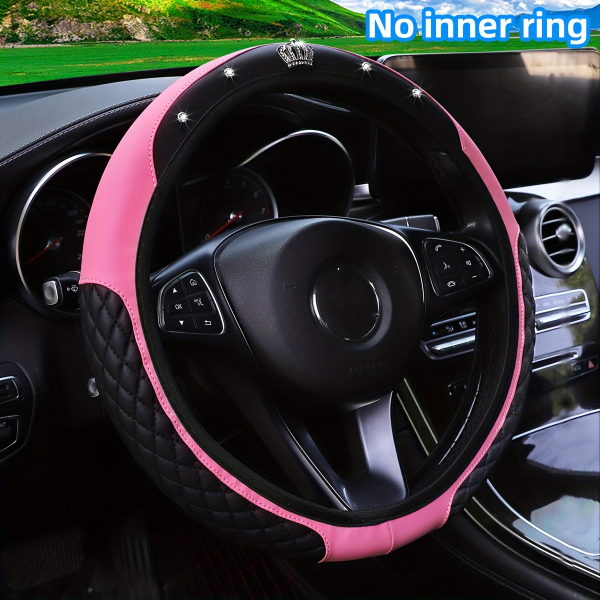 Leather Car Steering Wheel Cover, Reflective Interior Accessories (Black  Pink)