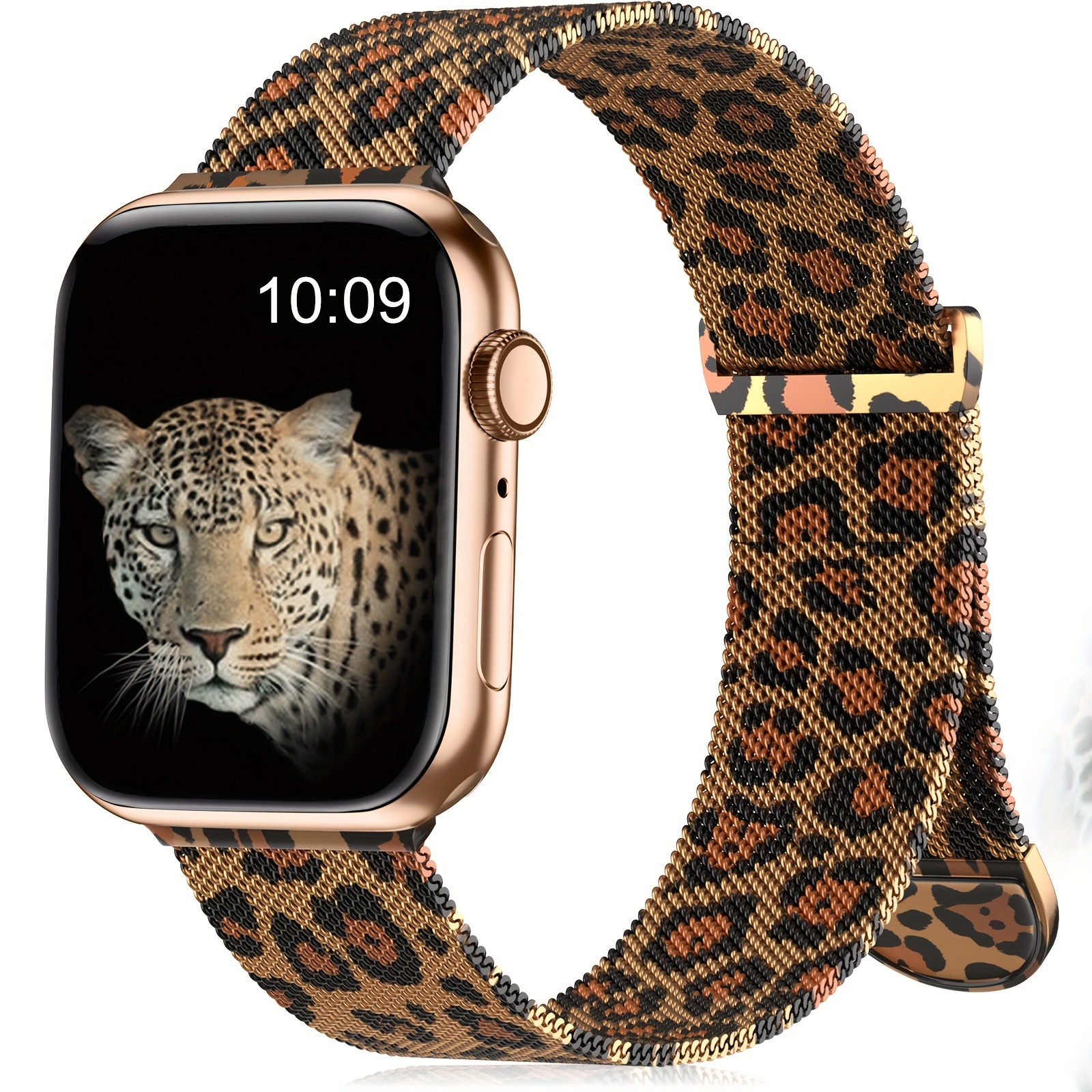 Women's Leopard Print Steel Mesh Apple Watch Band