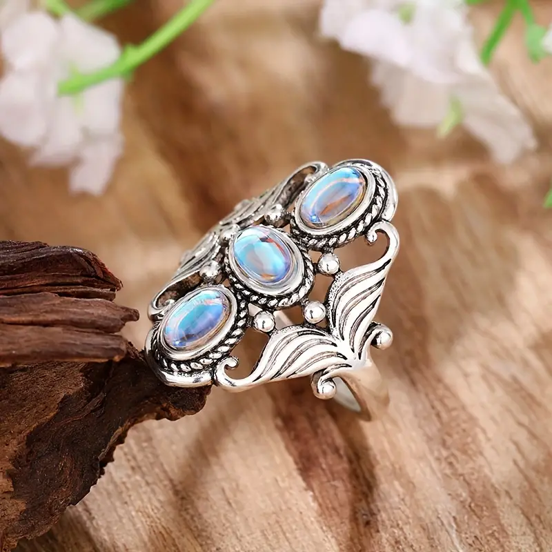 boho style ring silver plated paved a line of gemstone in egg shape symbol of beauty and elegance match daily outfits party accessory details 0