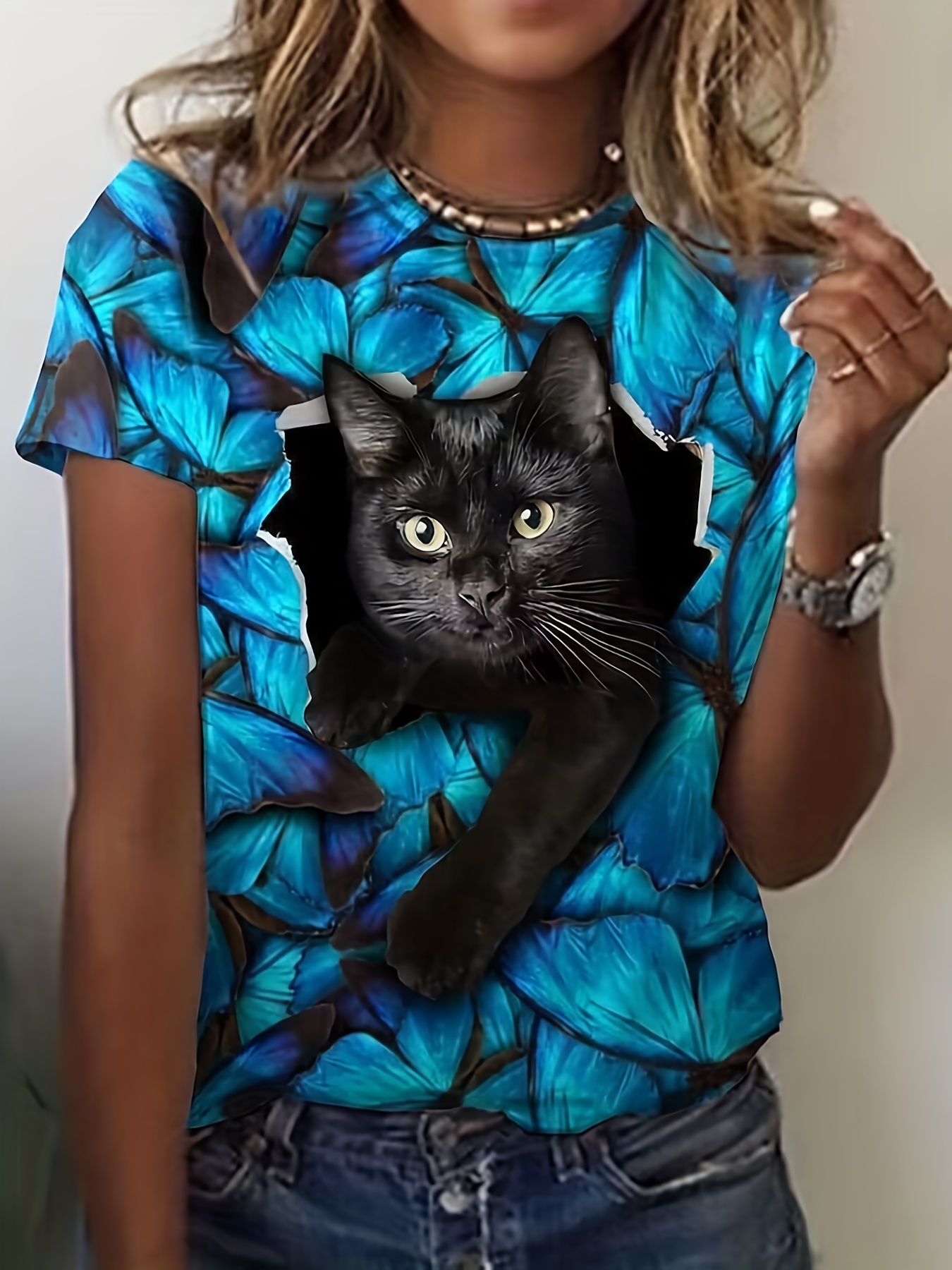 T shirt met katten en vlinderprint casual top met korte Temu