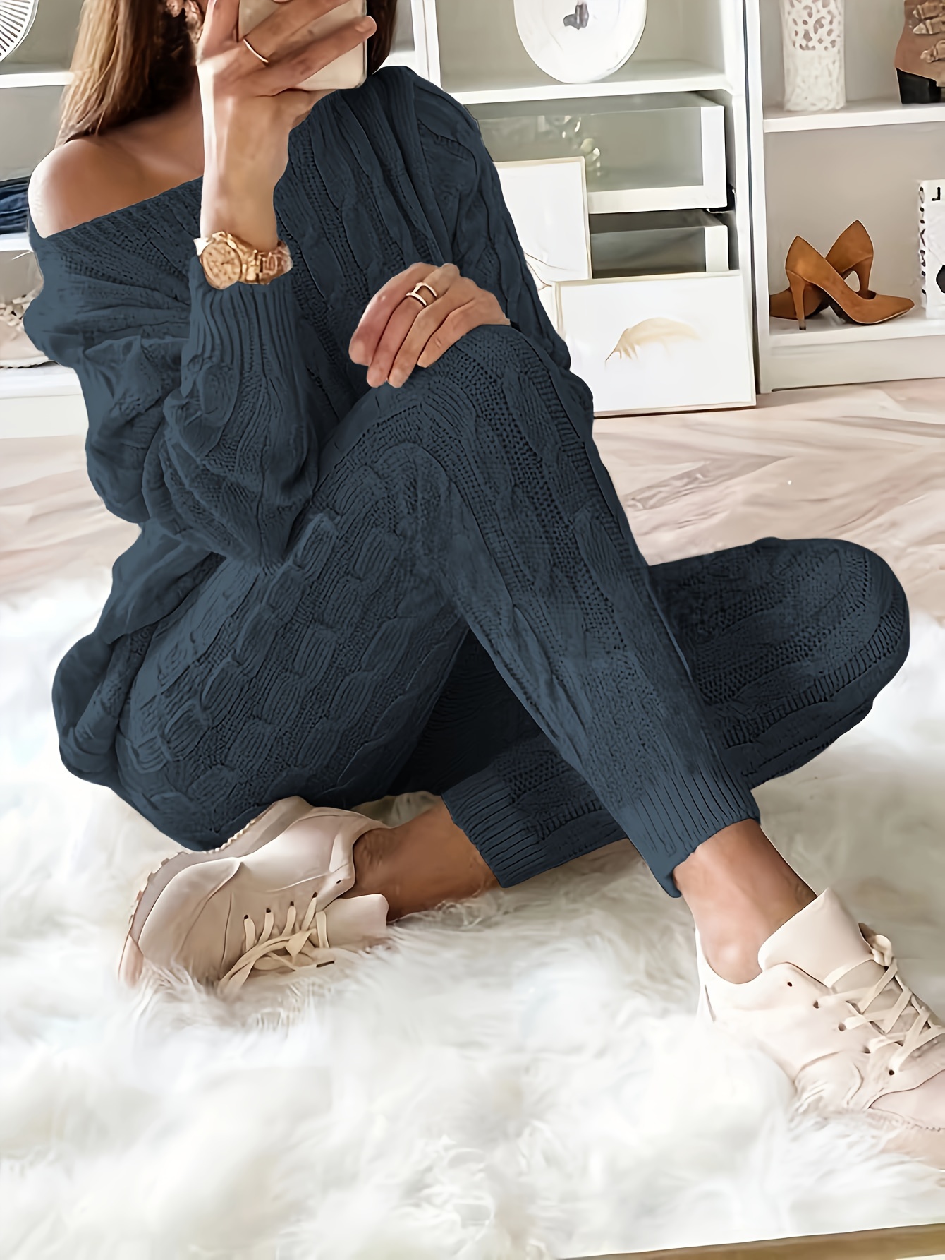 Solid Knitted Matching Two-piece Set, Casual Long Sleeve Sweater & Pants  Outfits, Women's Clothing