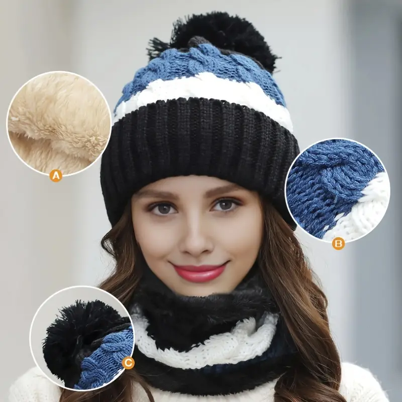 2 pieces knitted hat scarf set windproof ear protection casual warm beanie hat with pom poms comfortable fleece lined neck warmer scarf details 1