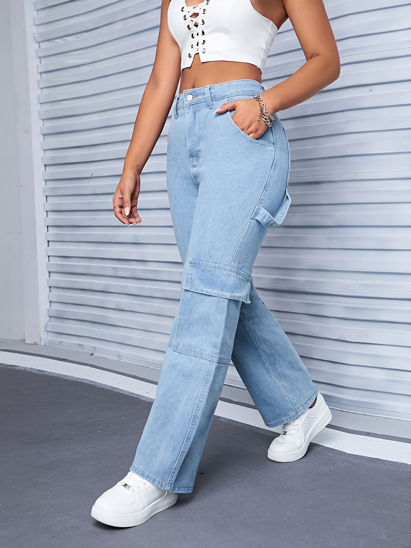 Multi-pocket Baggy Cargo Pants, Loose Fit Non-stretch With Belt Straight  Jeans, Y2k & Kpop Vintage Style Women's Clothing & Denim - Temu