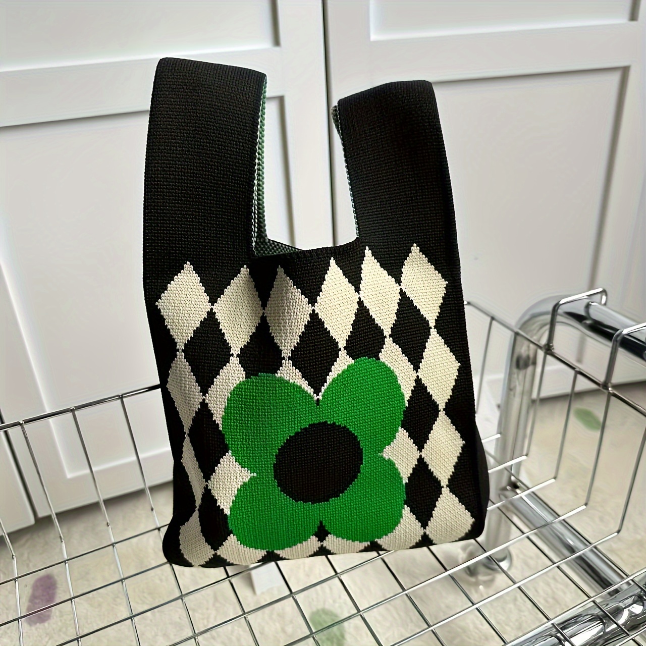 Men's Polyester New Bag Rhombus Flower Knitted Bag Knitted - Temu