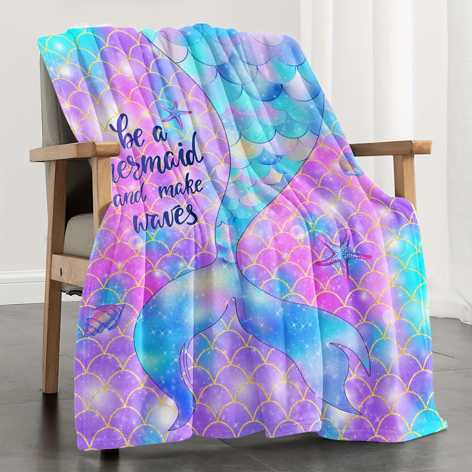 Mermaid Tail Print Blanket Gift Blanket Girls Mom Rainbow Temu