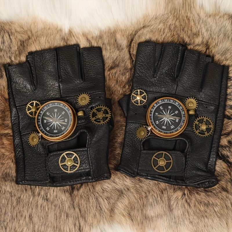 Retro Gold Leather Gloves Steampunk Fingerless Gloves Men Cosplay Costume  Props