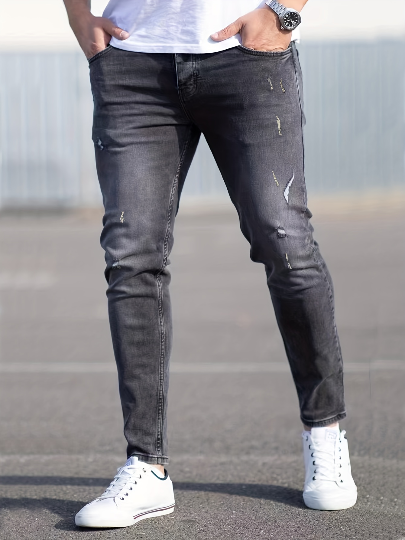 Slim Fit Jeans, Men's Casual Street Style Medium Stretch Distressed Denim  Pants With Pockets