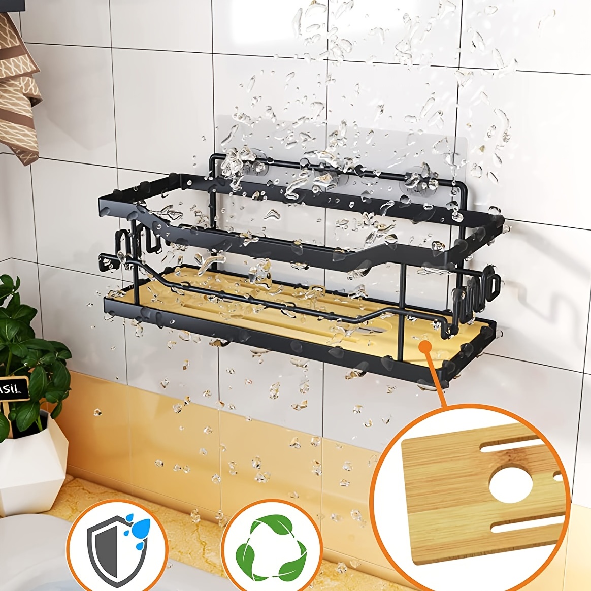 3-Tier Bathroom Shower Caddy Shelf Over Shower Head Hanging w/ Bamboo Board  Hook