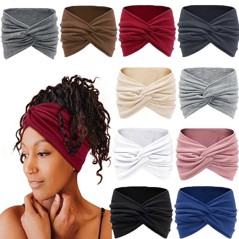 

10 Pcs Women's Solid Color Elastic Wide Brimmed Knotted Headband, Soft Comfortable Sweat Absorbing And Non-slip Sport Headband