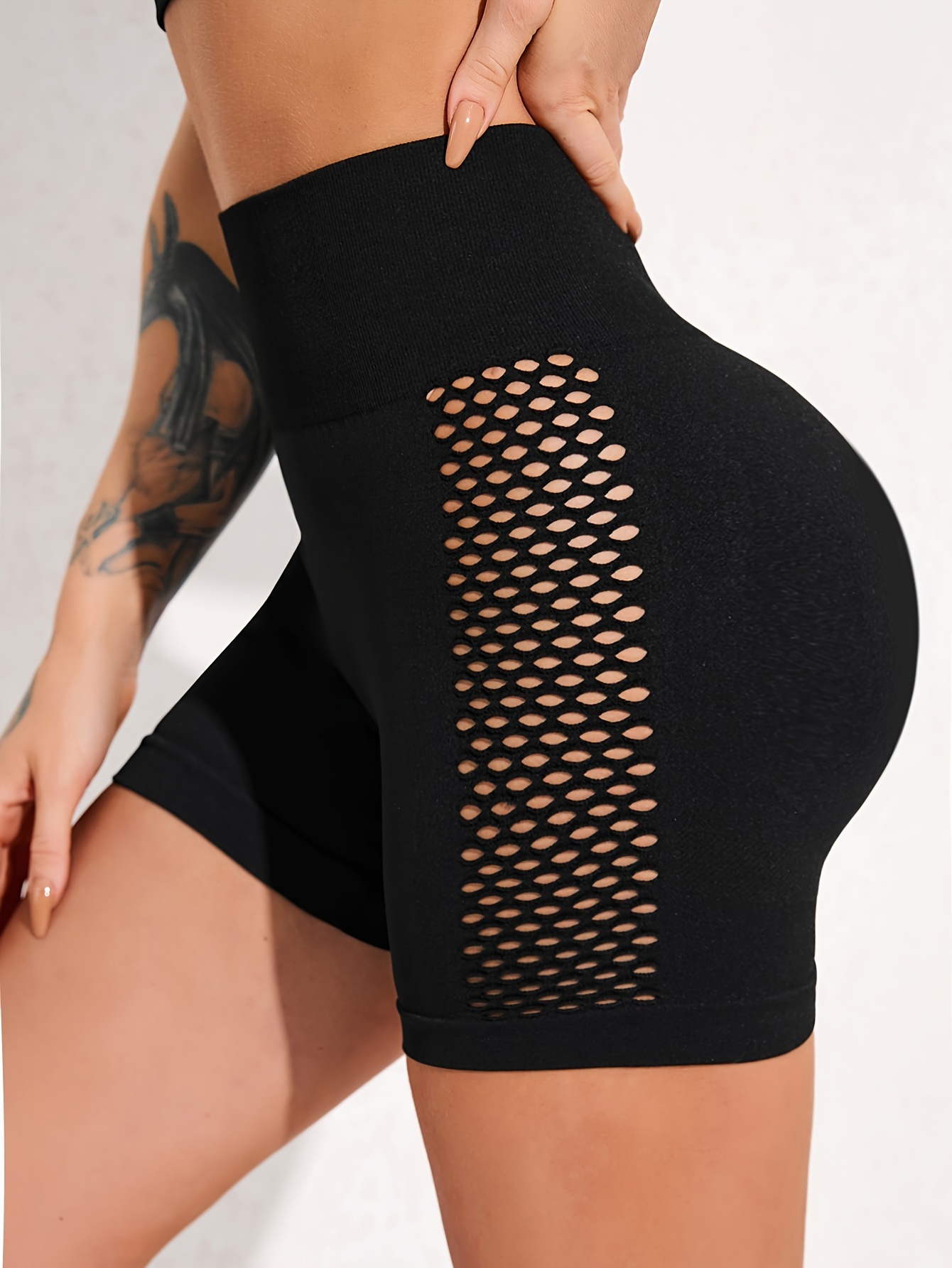 Solid Sports Shorts,hollow Out Wide Waistband Fishnet Insert