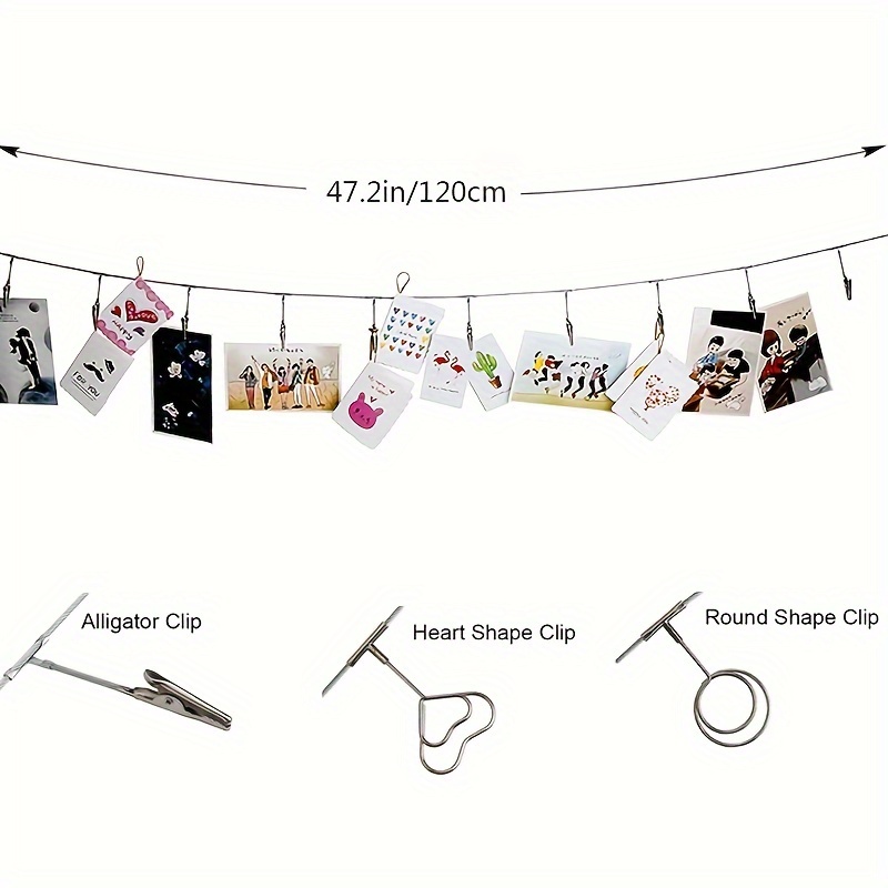  Multi-Purpose Steel Wall Hanging Photo Display Cable Wire Rod  String with 12 Clips for Hanging Photos Notes and Artworks (Alligator Clip)  : Home & Kitchen