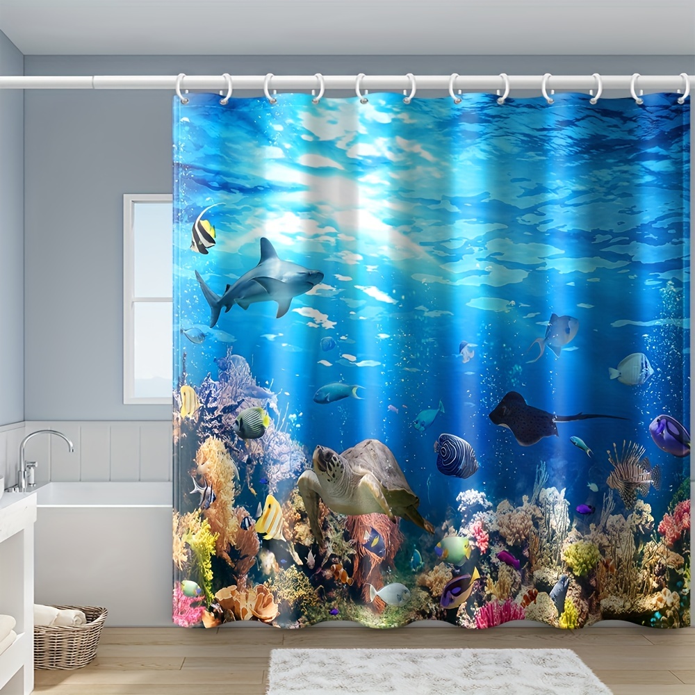 Blue Undersea World Shower Curtain Sea Fish Themed Bathroom - Temu