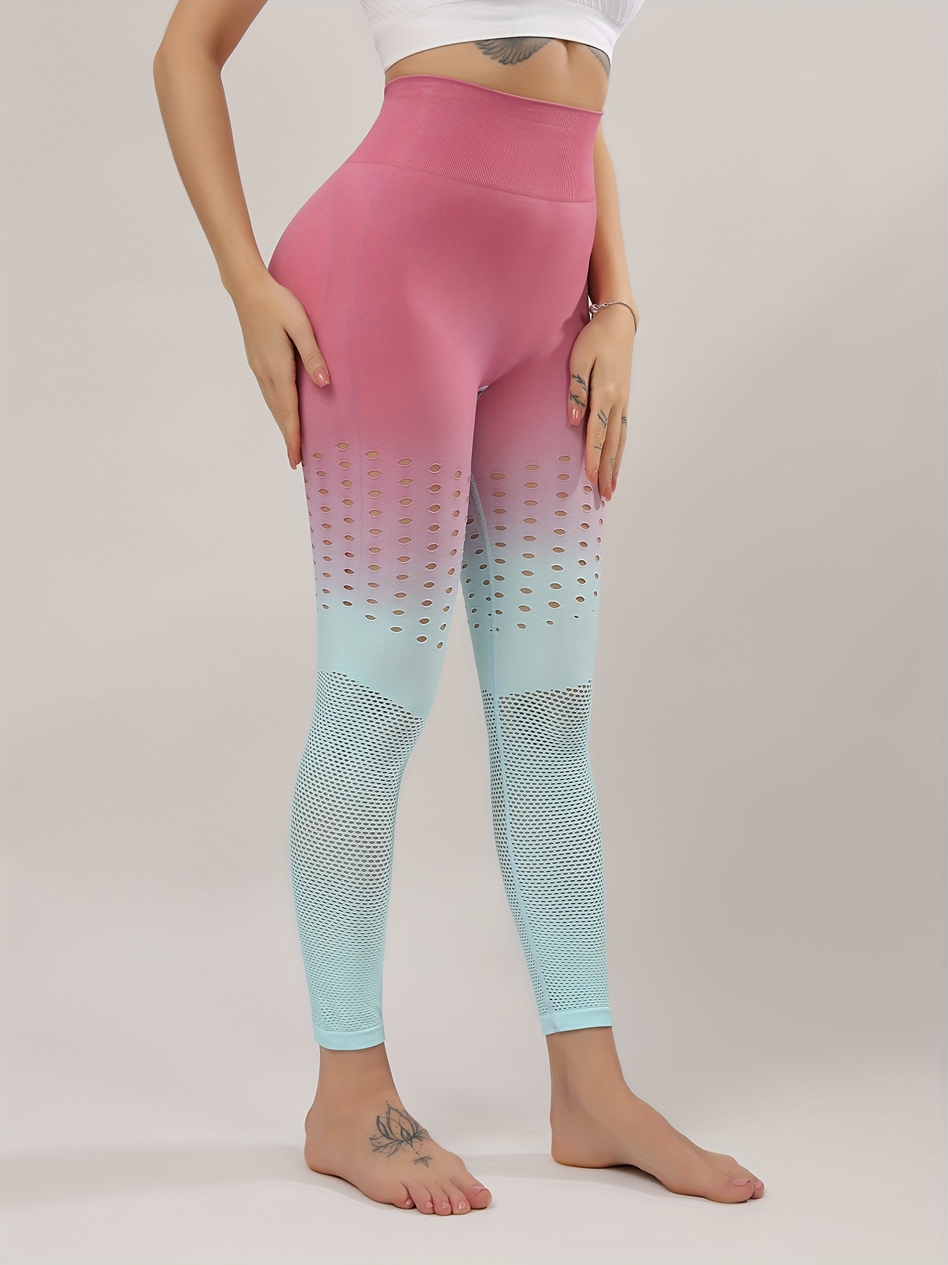 Contrast Color Mesh Stitching Yoga Leggings High Waist Hip - Temu