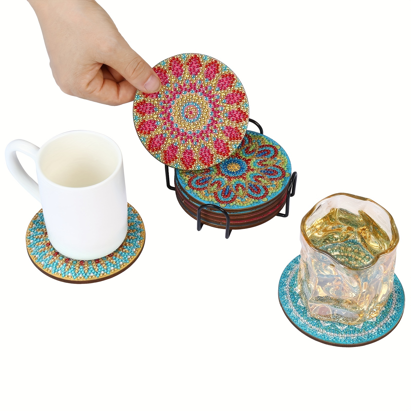 5 Pcs Diamond Painting Coasters with Holder DIY Mandala Coasters Round Cork  Coasters for Drinks Absorbent Table Furniture Protection 5D Diamond