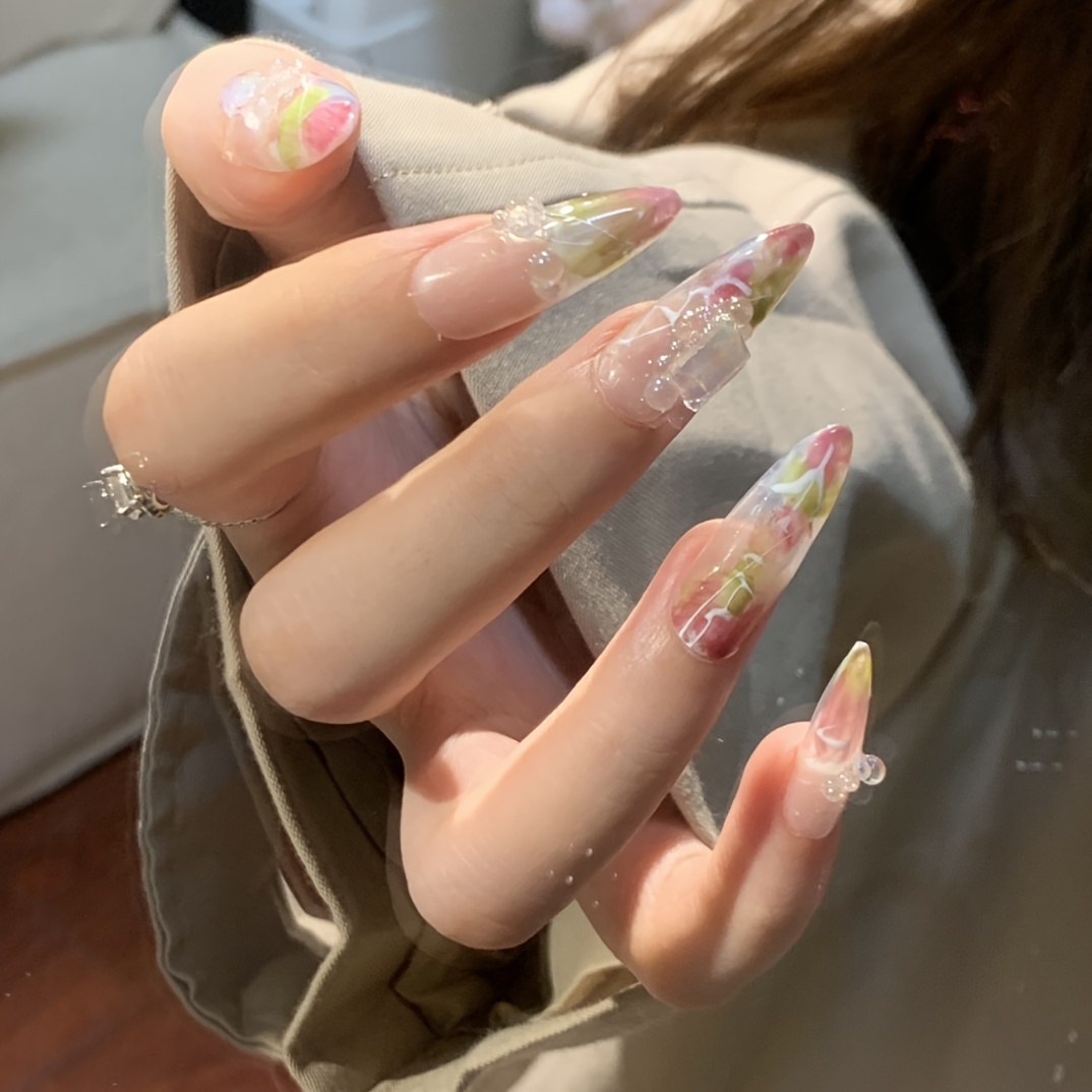 Glitter Press Nails Mixed Gradient Fake Nails Flower - Temu