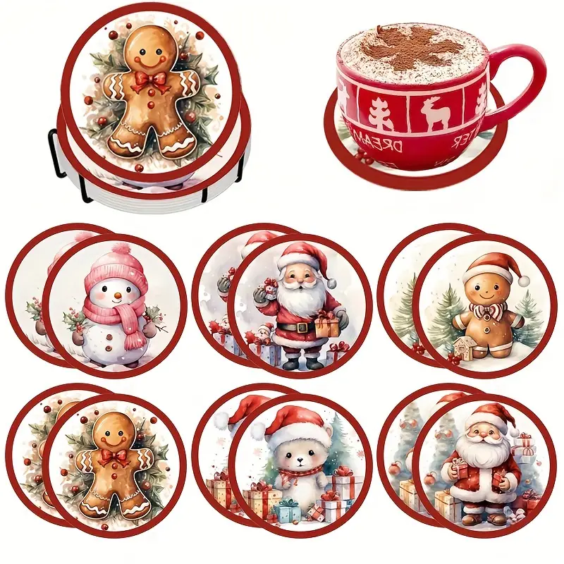 12pcs, Fabric Coasters, Round Heat Insulation Mat, Christmas Theme Cartoon  Santa Claus Gingerbread Man Coasters, Washable Placemat, Anti-scalding Non