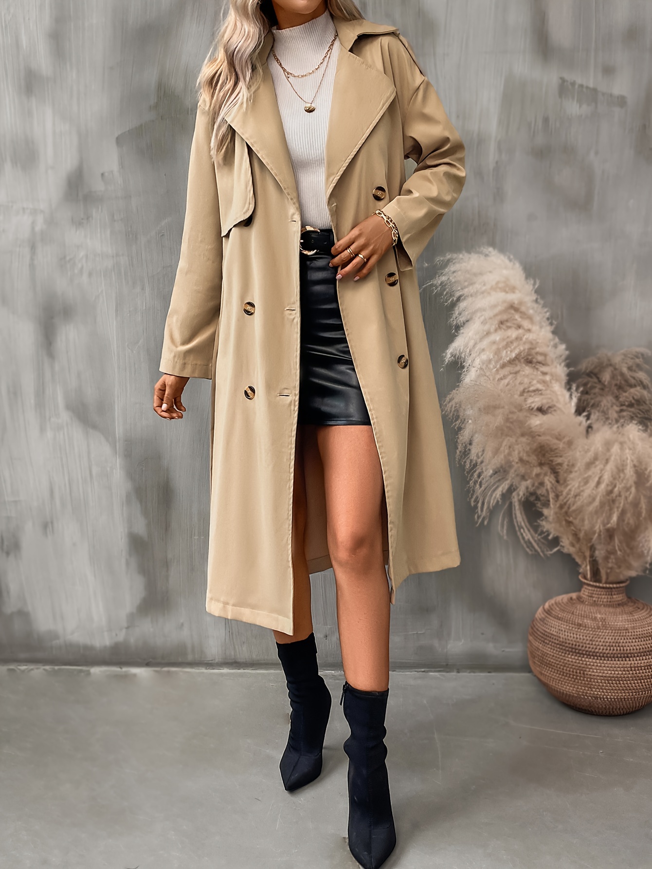 Double Breasted Belted Trench Coat Vintage Solid Lapel Drop - Temu