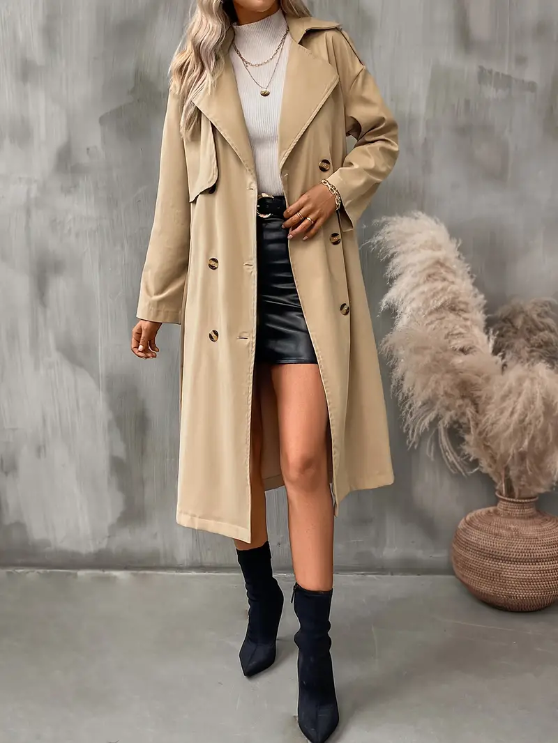 Double Breasted Belted Trench Coat Vintage Solid Lapel Drop - Temu Canada