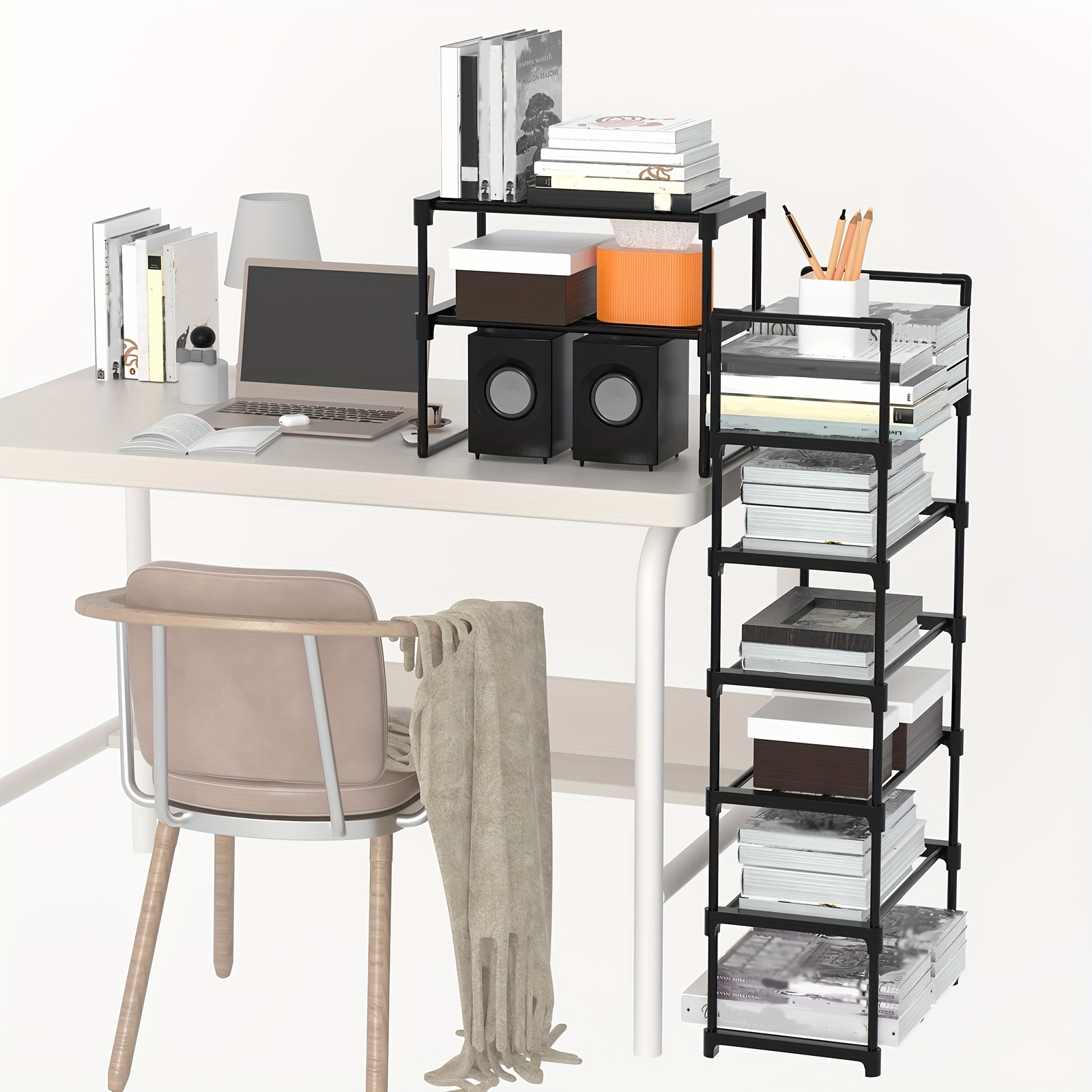 Estante de escritorio – Estante de almacenamiento de escritorio de hierro  forjado de 2 niveles, soporte de escritorio de escritorio, estantería  simple