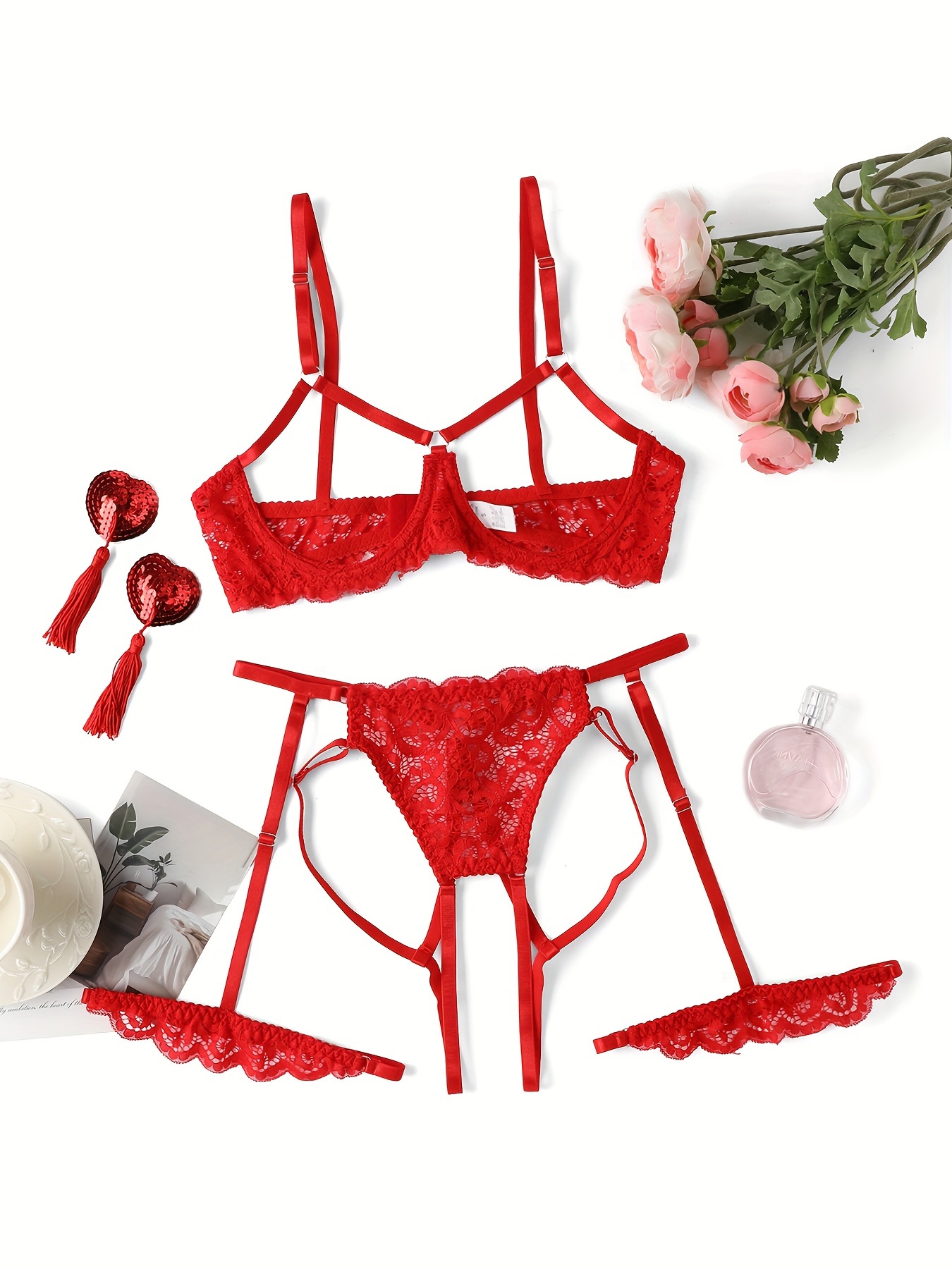 Women Sexy Lace Lingerie Set Cupless Push Up Shelf Bra with G-strings  Underwear