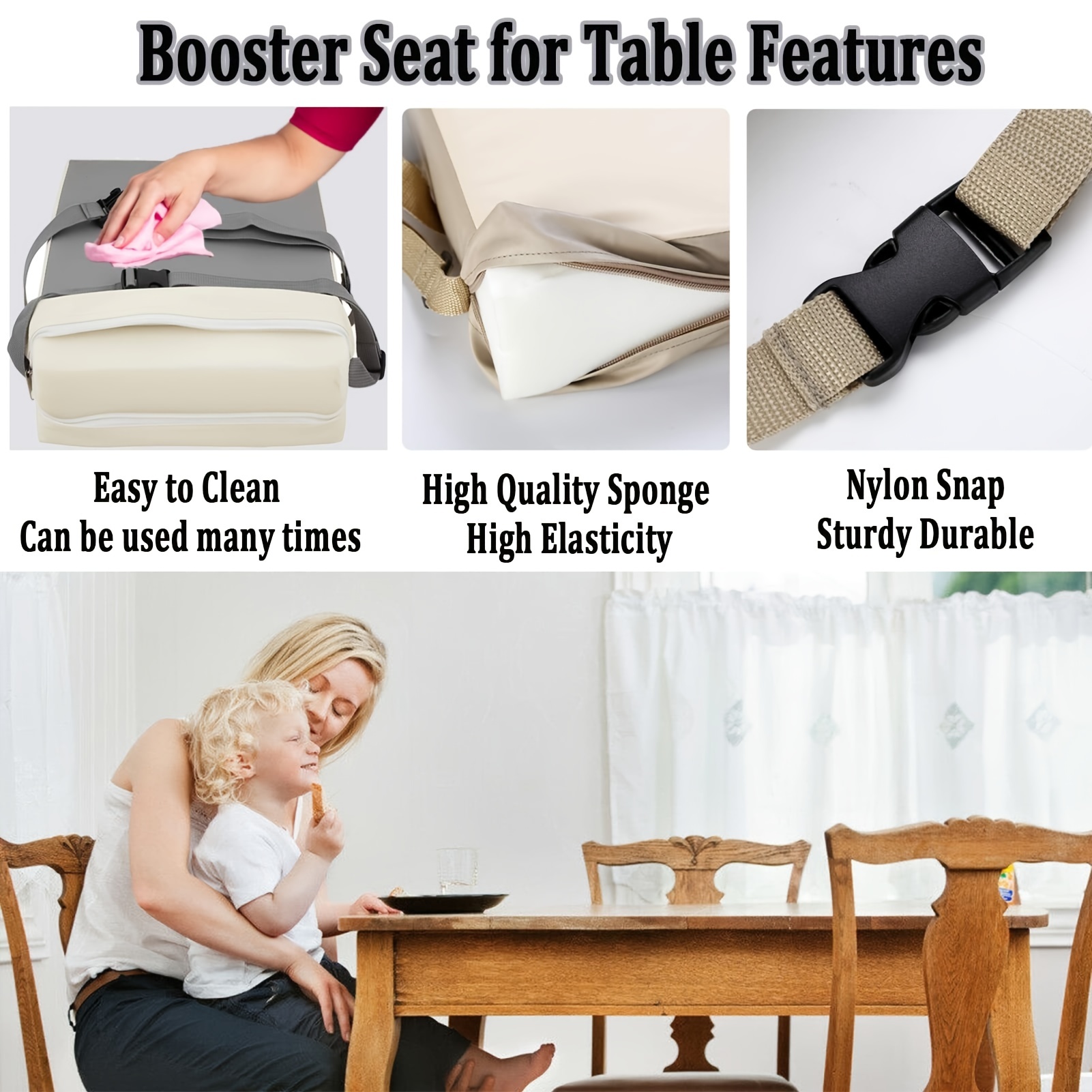 Booster Seat for Table Dining - Toddler PU Washable 2 Straps Safety Buckle  Kids Booster Seat for Dining Table, Portable Travel Increasing Cushion