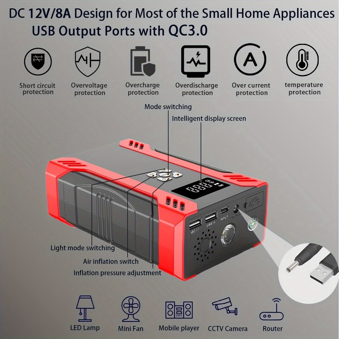 2000A Car Jump Starter With Air Compressor (8.0L Gas/5.0L ), 6-in-1  Portable Charger Lithium Battery Box With Fast Charging 3.0 & DC12V 8A