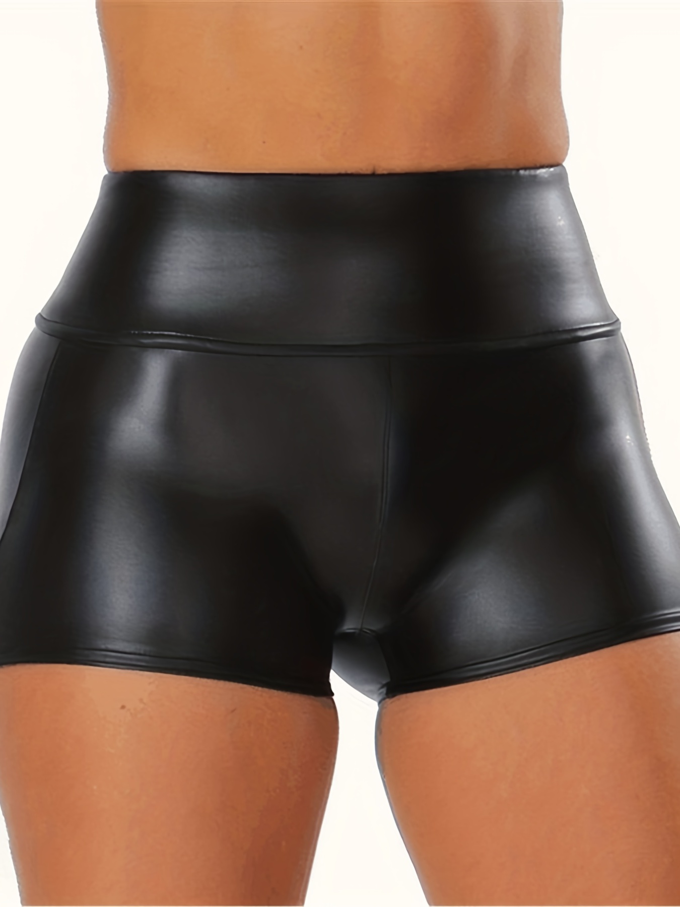Plus Size Sexy Shorts, Women&#39;s Plus Solid Faux Leather High * High Stretch Skinny Shorts