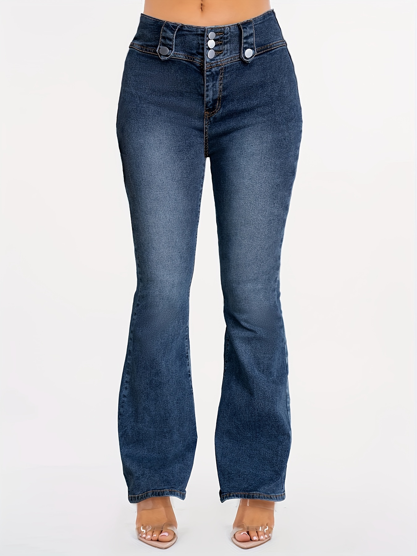 Jeans boca de sino de cintura alta jeans largos de cintura - Temu Portugal