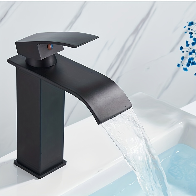 Grifo de lavabo de baño de una sola manija en cascada, forma curvada,  diseño elegante, grifo de lavabo de un solo orificio (plateado)