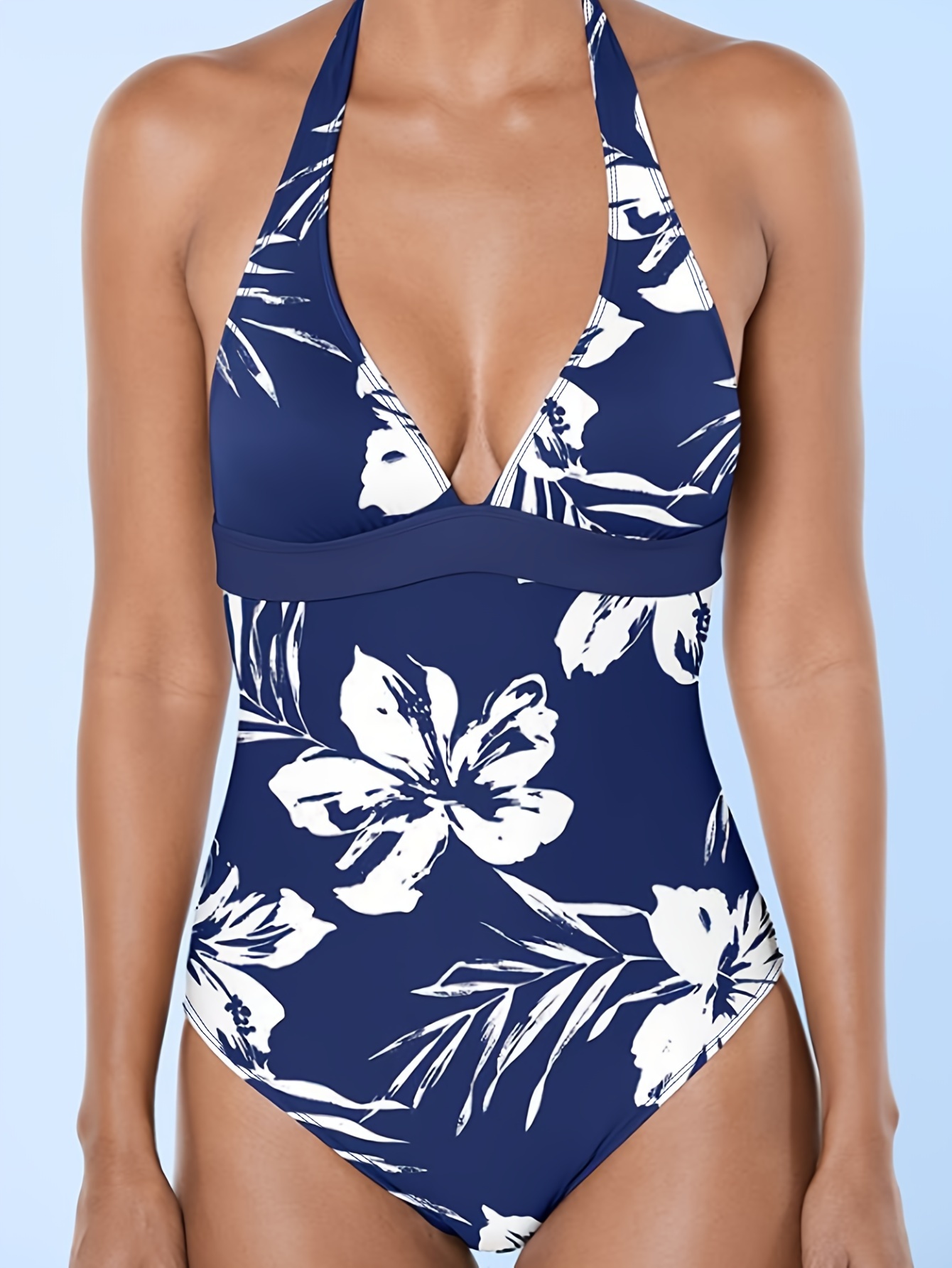 Blue Plant Print High Stretch Swimsuits Halter Elegant One - Temu Canada