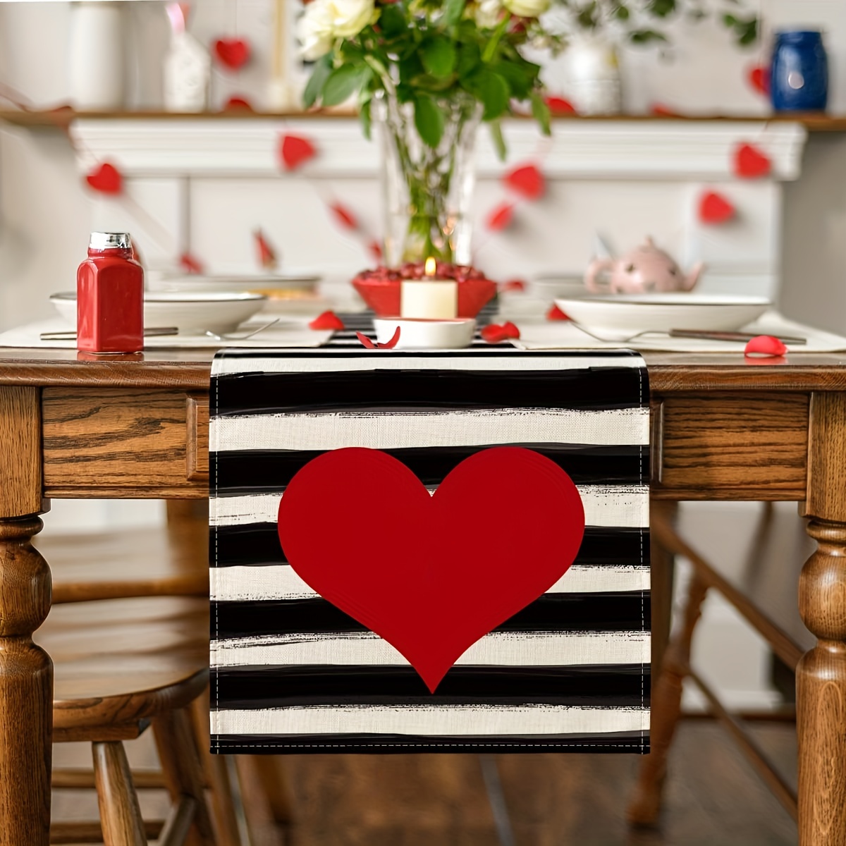 1/4 Pezzi, Runner/tovagliette In Lino, Strisce Acquerellate Cuore D'amore  Runner Da Tavola Per