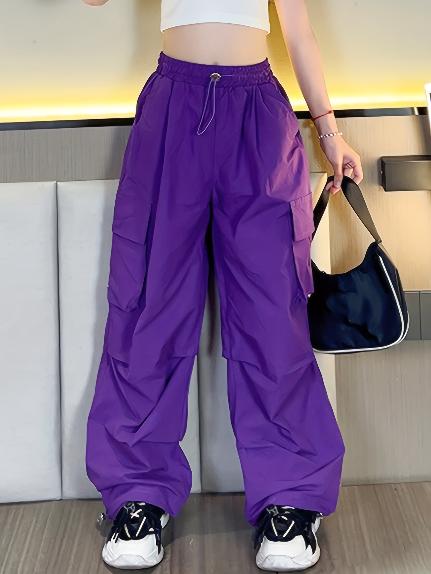 Women Retro Purple Cargo Pant High Waist Wide Leg Loose Casual Fashion  Multi Pocket Pants Female Hip Hop Street Style Trousers - AliExpress
