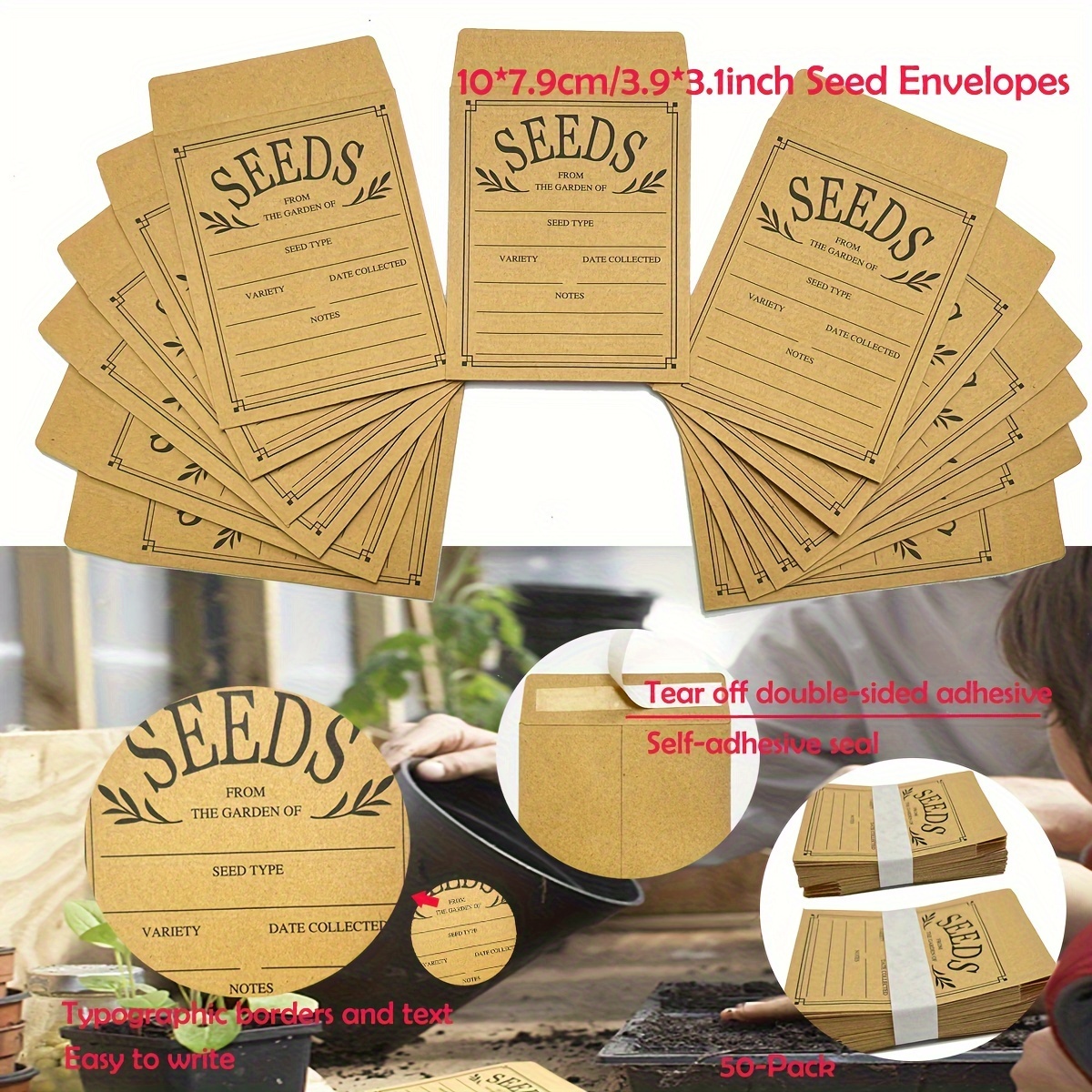 

50pcs Seed Envelopes (10*7.9 Cm), Self-sealing Seed Packets, Self-adhesive Seed Storage Envelopes, Kraft Paper Seed Storage Envelopes 3.9x3.1 Inches For Collecting Flower And Vegetable Seeds (brown)