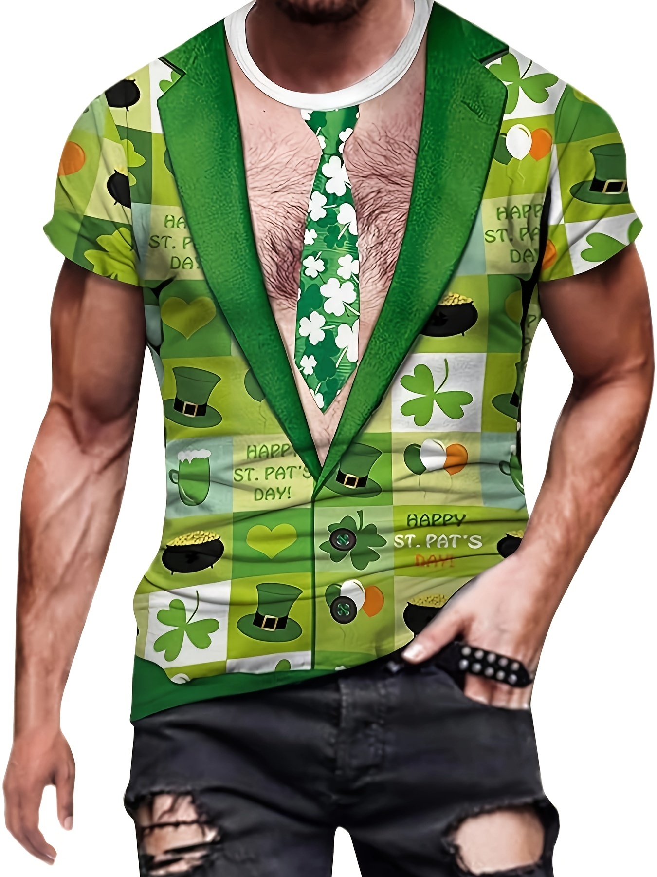 Flash Pick SMihono St. Patrick's Day Round-Neck Tees Shirts for Big Men's  Fashion Short Sleeve Blouse Funny Fake Tie Print Gift Shirt T-Shirt Tops  White 12 