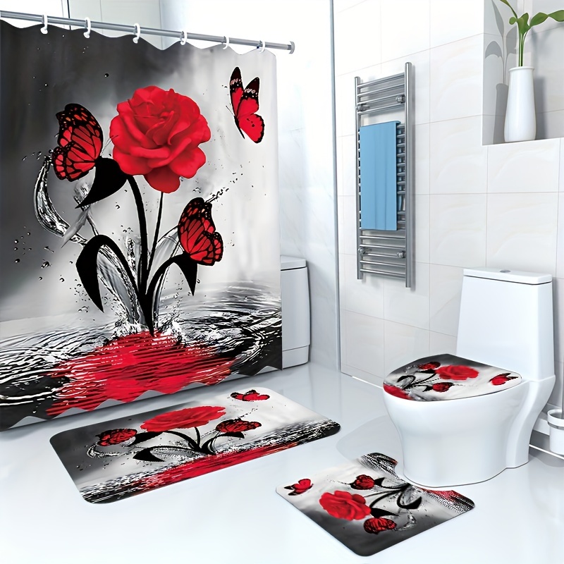 Red Rose Pattern Shower Curtain, Waterproof Shower Curtain Set With 12 Hooks,  Toilet Seat Mats, Bathroom Non-slip Rug, Curtain For Windows, Bathroom  Accessories, Home Decor - Temu