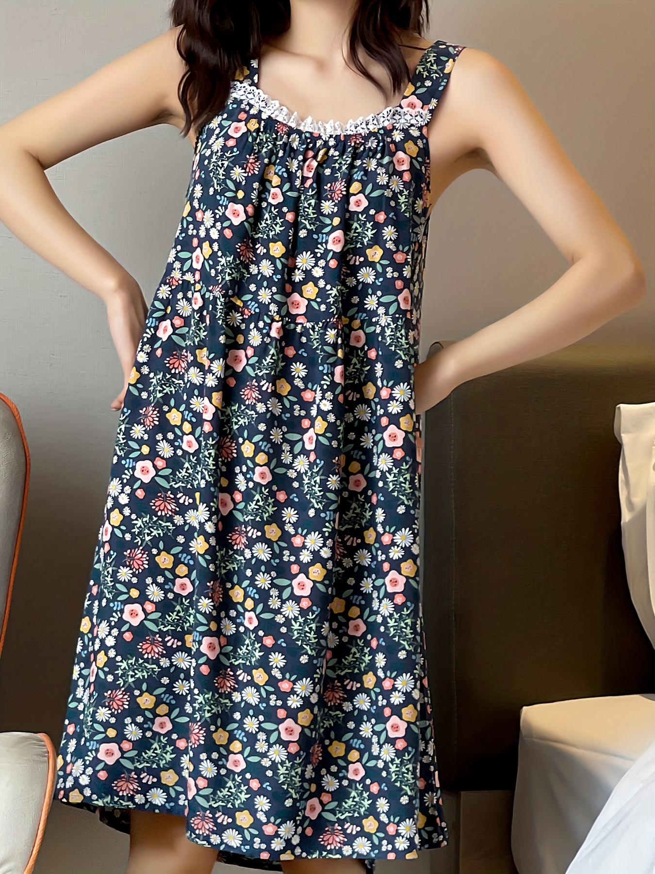 Floral Print Nightdress Casual Comfy Lace Trim Tank Sleep Temu