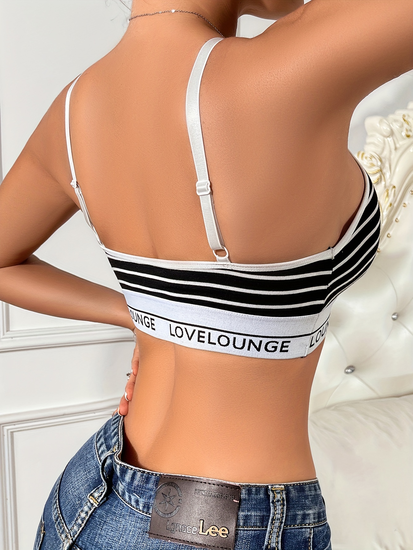 Striped Wireless Bra, Comfy & Breathable Letter Trim Bra, Women's Lingerie  & Underwear