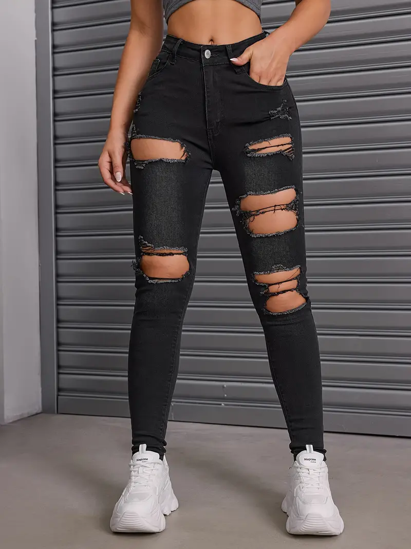 Black Ripped Holes Skinny Jeans, Slim Fit Distressed *-Stretch Denim Pants,  Women's Denim Jeans & Clothing